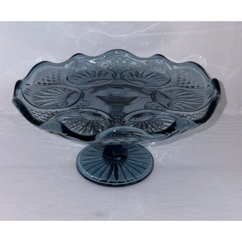 Vintage Fenton Cake Stand Scalloped Edge Pressed Shell Pattern Blue
